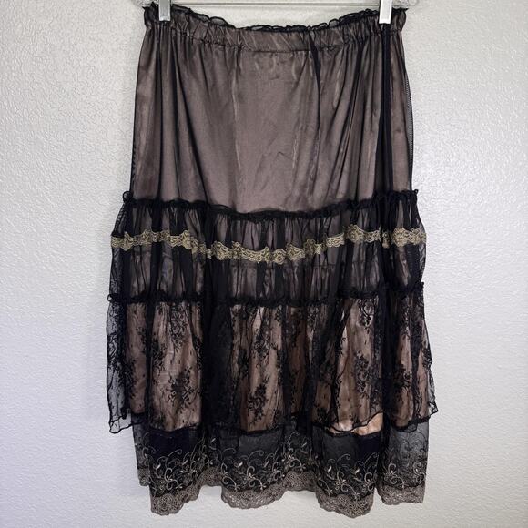 Pegasus Skirt Womens 1X Silk Lace Overlay Tiered Midi Whimsigoth Romantic Boho - Picture 1 of 9